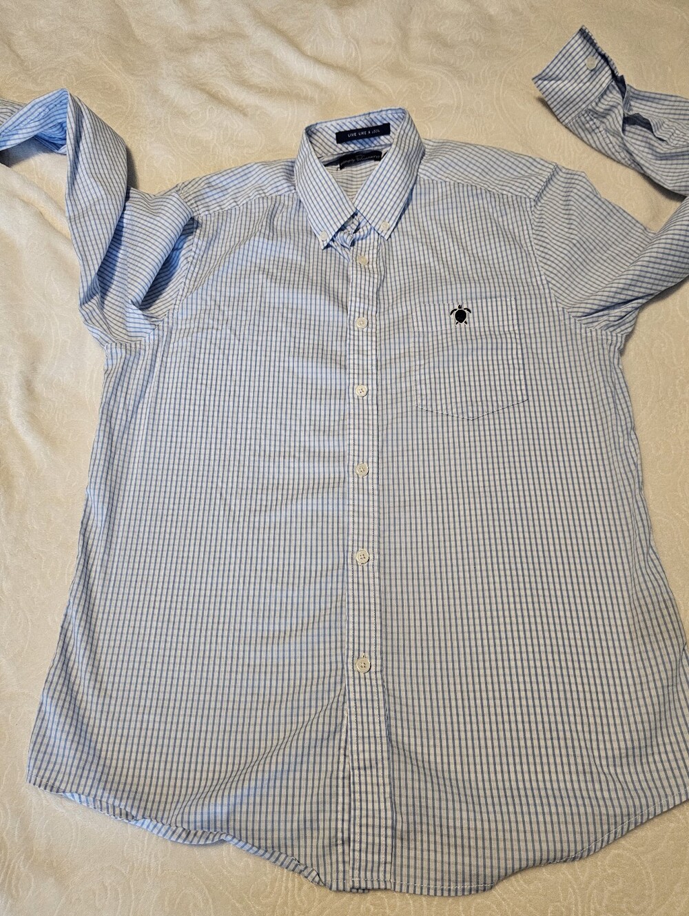 Simply Southern Men's Small Blue Grid Plaid Long Sleeve Button Down Shirt Turtle